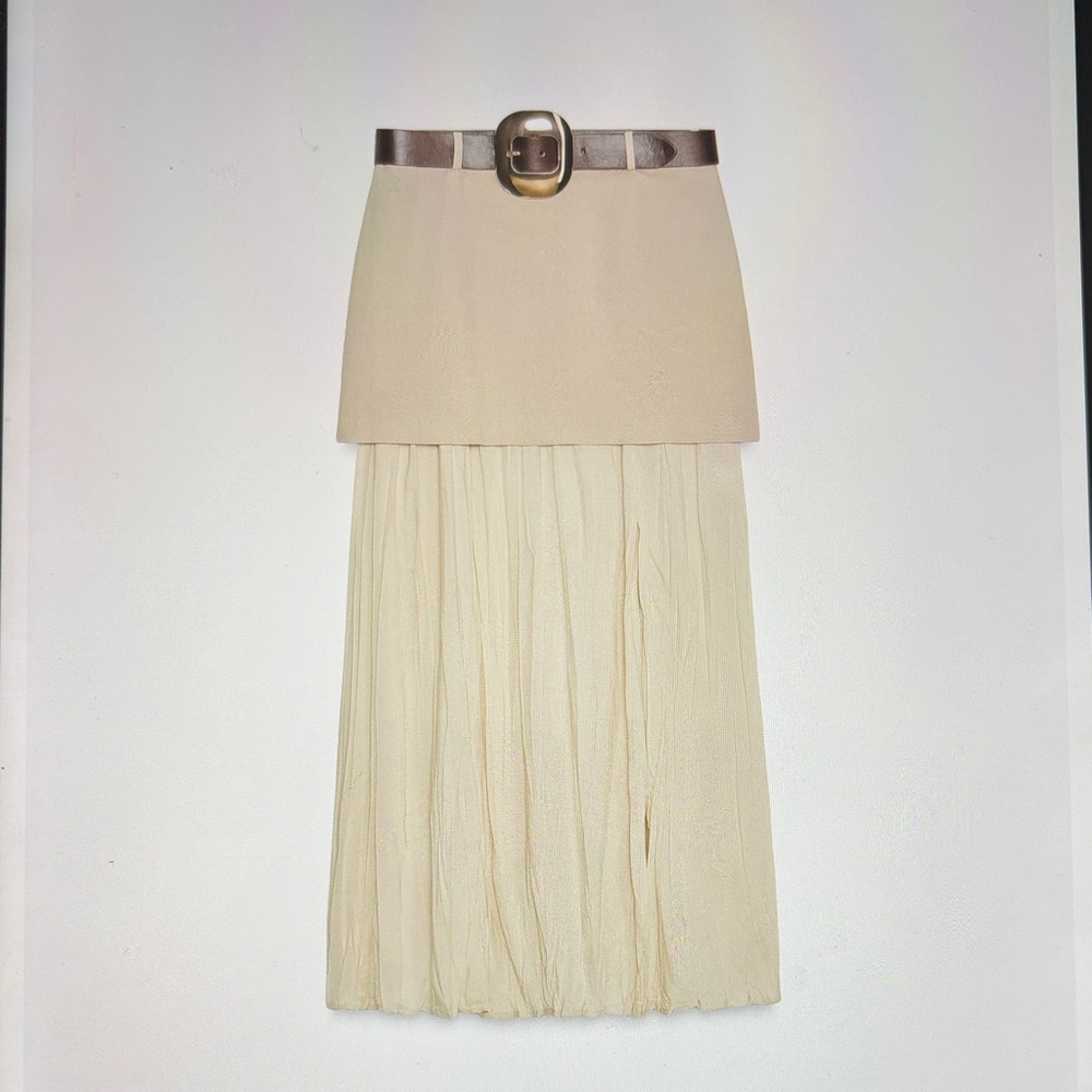 Zara Cream Combination Midi Skirt with Belt